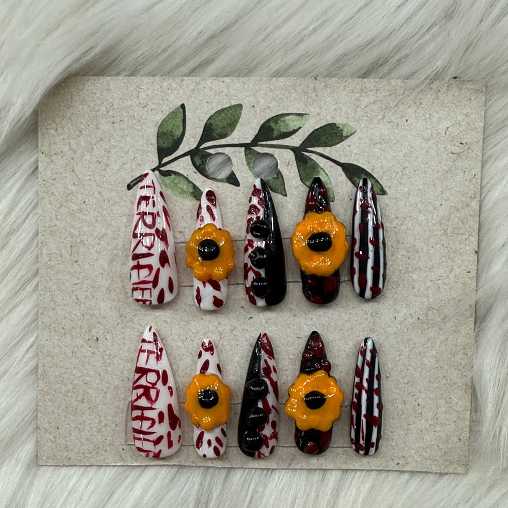 Handcrafted  Halloween of terrifier Red blood and black Nail Set